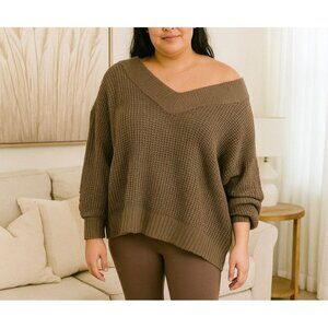 Zenana Plus Size V-Neck Off The Shoulder Waffle Knit Sweater Brown Sz 1X